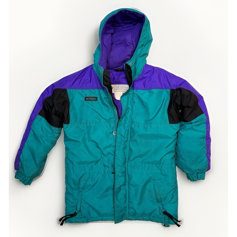 Vintage COLUMBIA YOUTH 8/10 Teal Purple Color Block Puffer Ski Coat Jacket